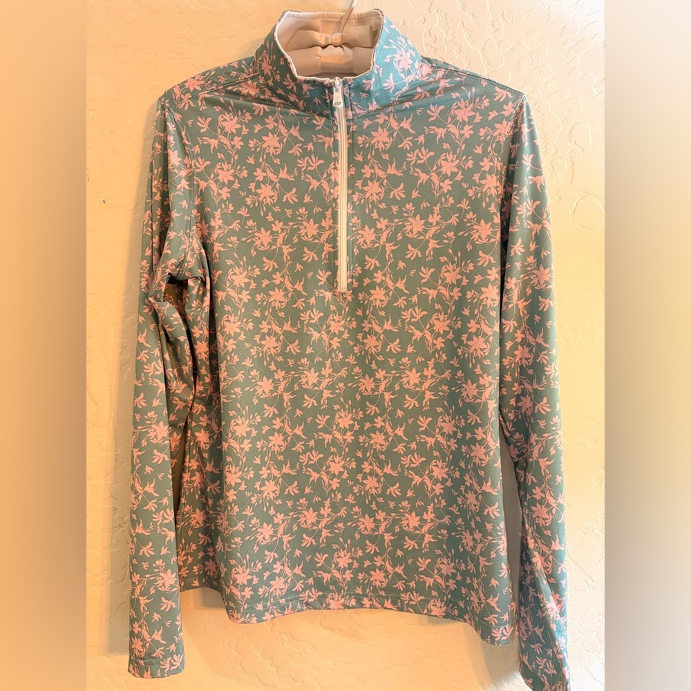 Women's Mint Long Sleeve Quarter-Zip Top with Pink Floral Print